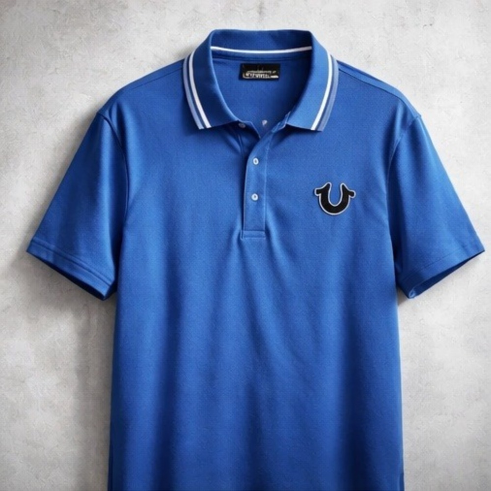 True Religion Mens 2XL Blue Buddha Guitar Graphic Short Sleeve Polo Shirt
